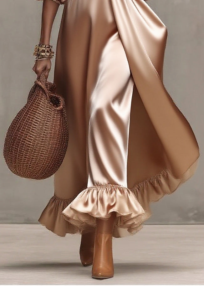 Italian Nude Exra Large Hem Draping Silk Dress Lantern Sleeve