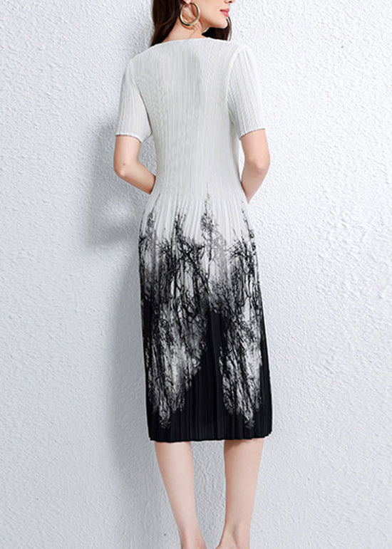 Italian O Neck Print Elasticity Wrinkled Dress Summer