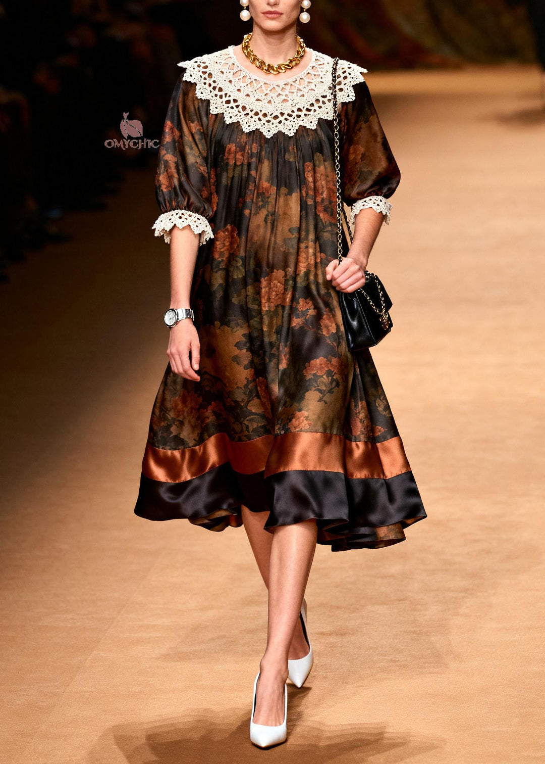 Italian O-Neck Print Lace Patchwork Silk Dress Summer