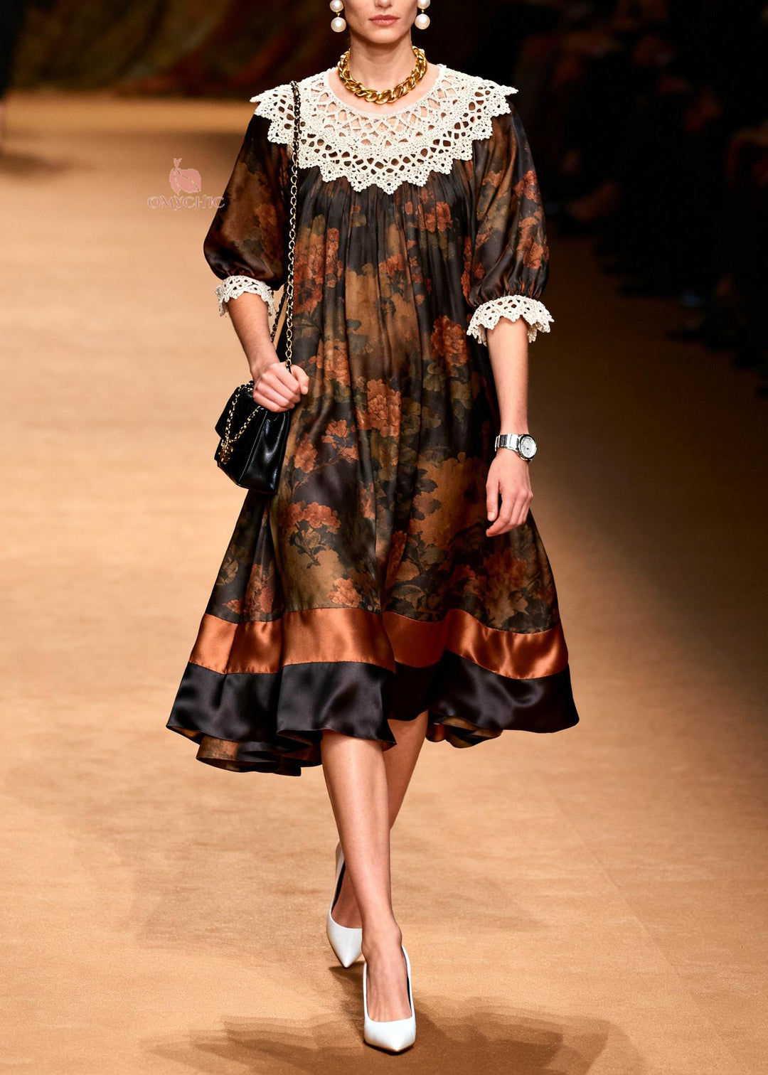 Italian O-Neck Print Lace Patchwork Silk Dress Summer
