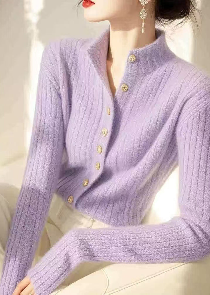 Italian Oatmeal Hign Neck Button Knit Cardigans Spring