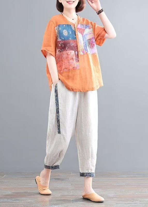 Italian Orange Oversized Print Linen Two Pieces Set Summer