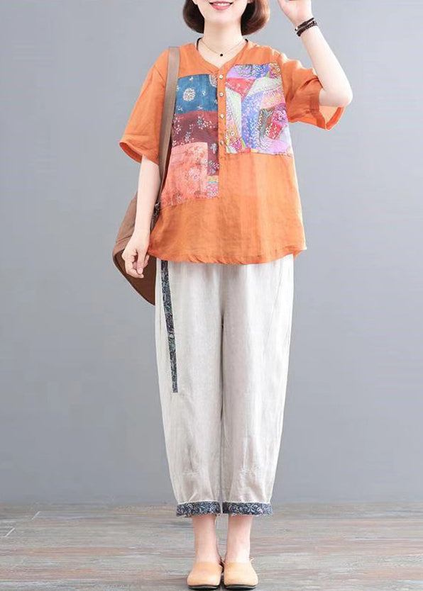 Italian Orange Oversized Print Linen Two Pieces Set Summer