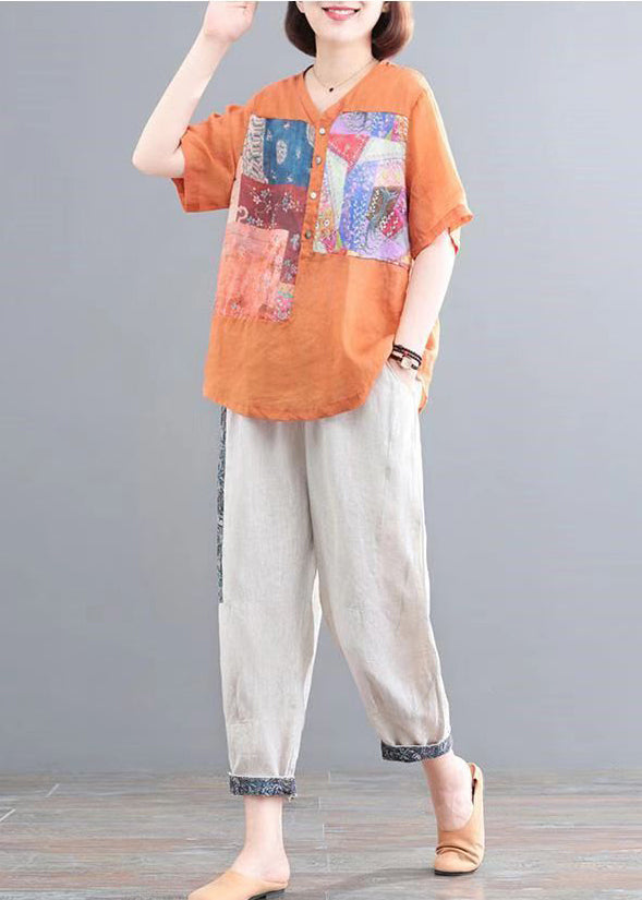 Italian Orange Oversized Print Linen Two Pieces Set Summer