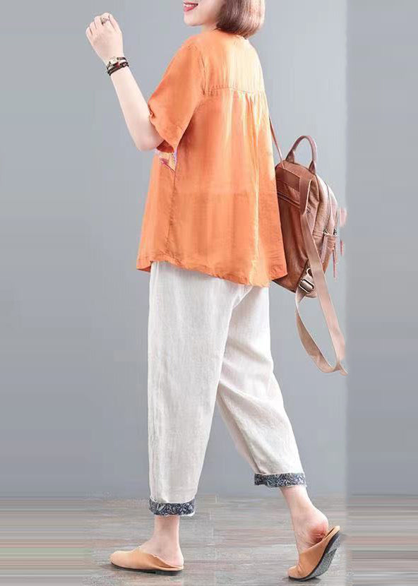 Italian Orange Oversized Print Linen Two Pieces Set Summer