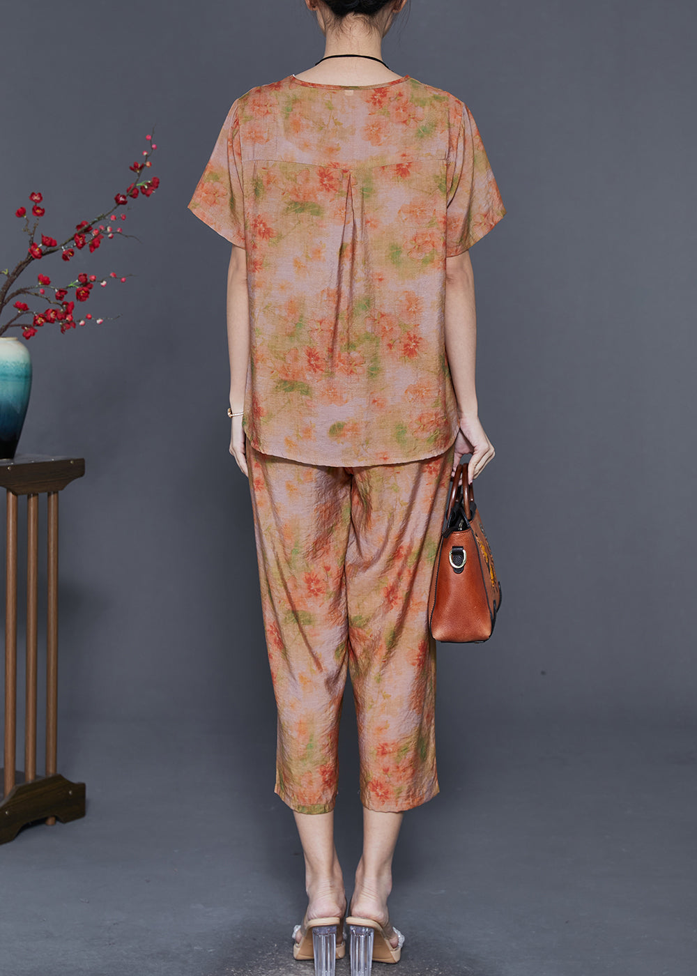 Italian Orange Oversized Tie Dye Linen Two Piece Set Outfits Summer