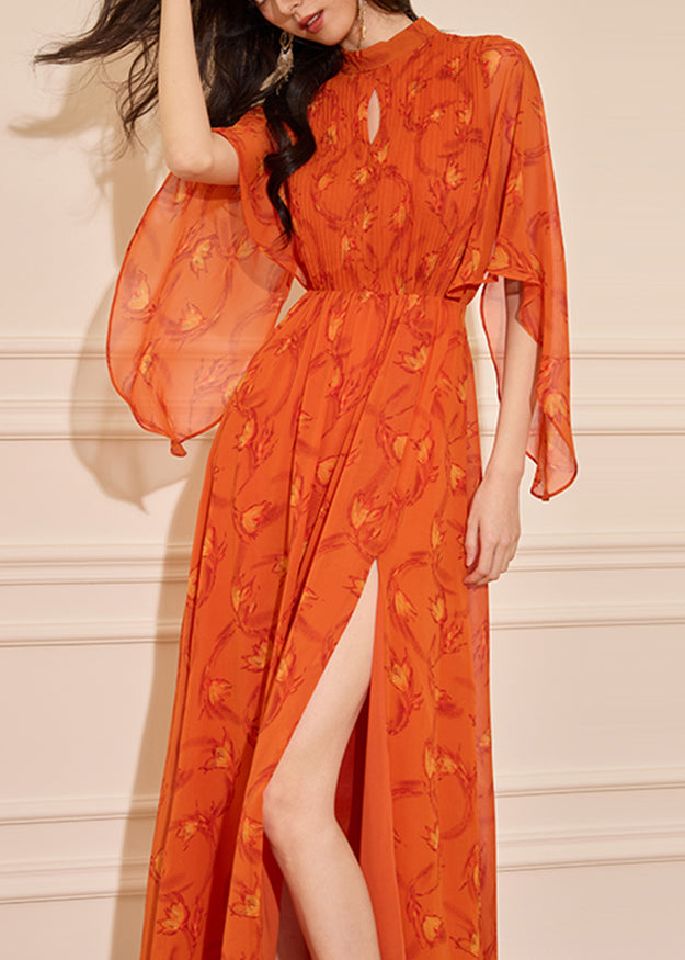 Italian Orange Print Front Open Chiffon Long Dresses Half Sleeve