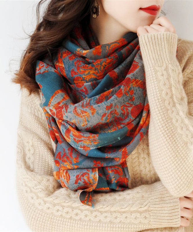 Italian Orange Print Tasseled Cashmere Scarf