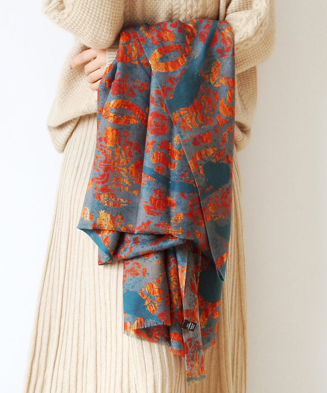 Italian Orange Print Tasseled Cashmere Scarf
