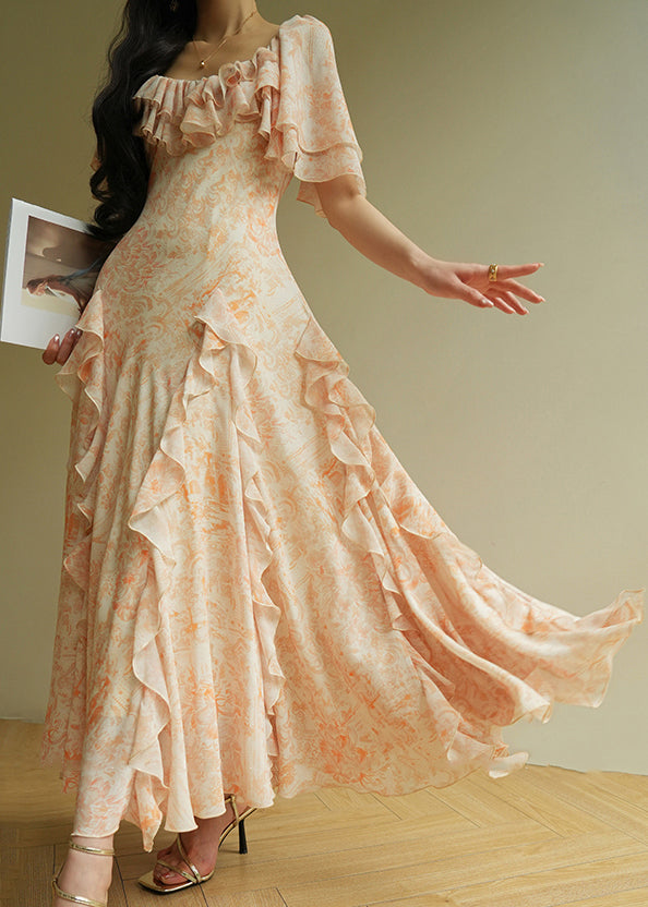 Italian Orange Ruffled Print Chiffon Maxi Dresses Summer