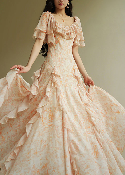 Italian Orange Ruffled Print Chiffon Maxi Dresses Summer