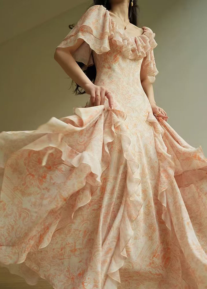 Italian Orange Ruffled Print Chiffon Maxi Dresses Summer