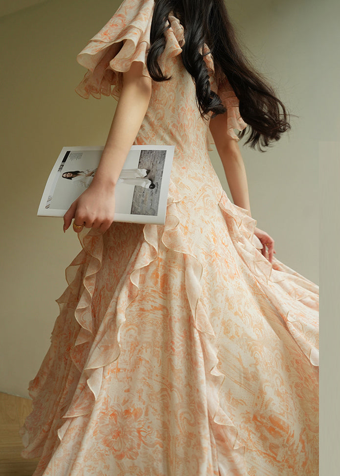 Italian Orange Ruffled Print Chiffon Maxi Dresses Summer