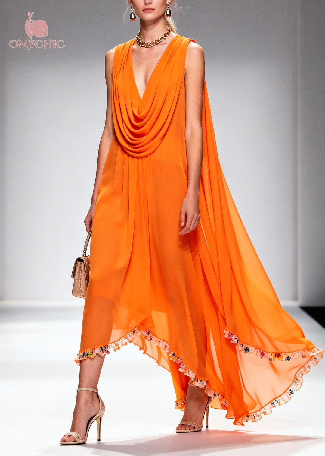 Italian Orange Turtle Neck Patchwork Flower Lace Chiffon Beach Dresses Sleeveless