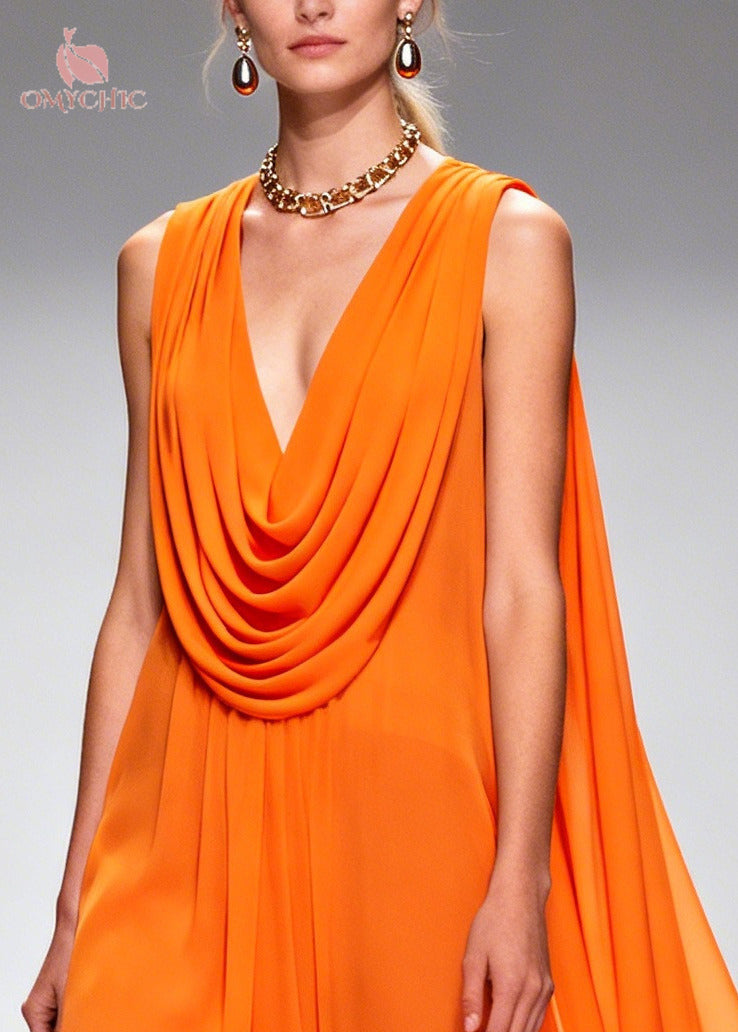 Italian Orange Turtle Neck Patchwork Flower Lace Chiffon Beach Dresses Sleeveless