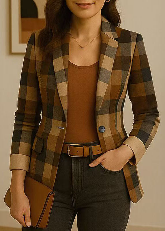 Italian Peter Pan Collar Plaid Button Cotton Suit Coat Fall