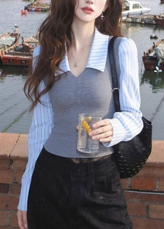 Italian Peter Pan Collar Striped Patchwork Knit Shirt Spring