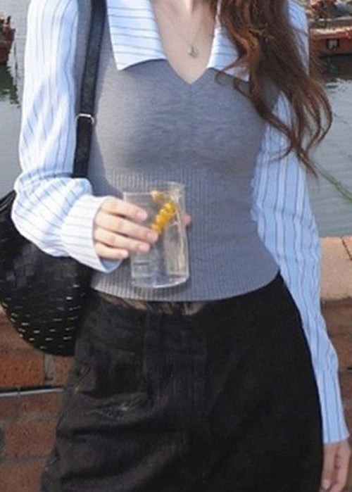 Italian Peter Pan Collar Striped Patchwork Knit Shirt Spring