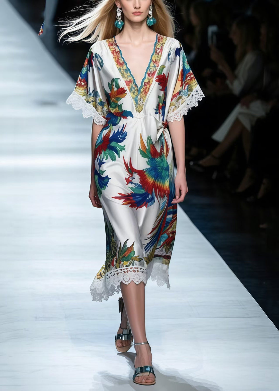Italian Phoenix Print Patchwork Lace Silk Holiday Dress Summer