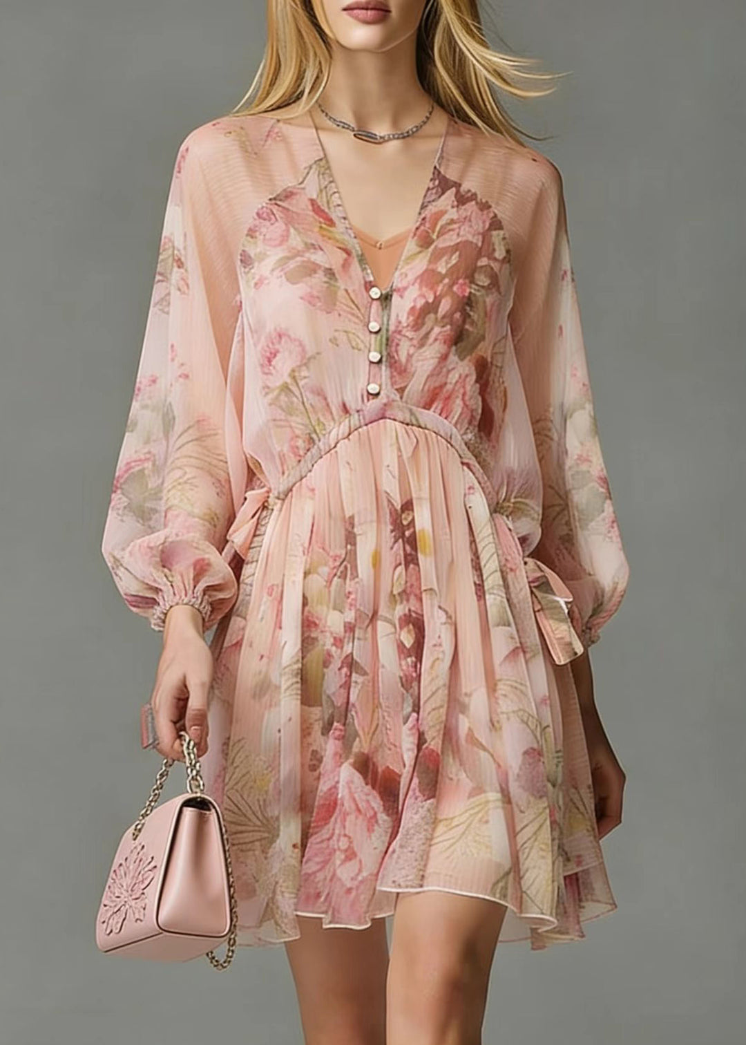Italian Pink Cinched Print Chiffon Tea Dress Spring