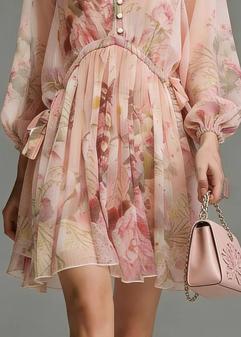 Italian Pink Cinched Print Chiffon Tea Dress Spring