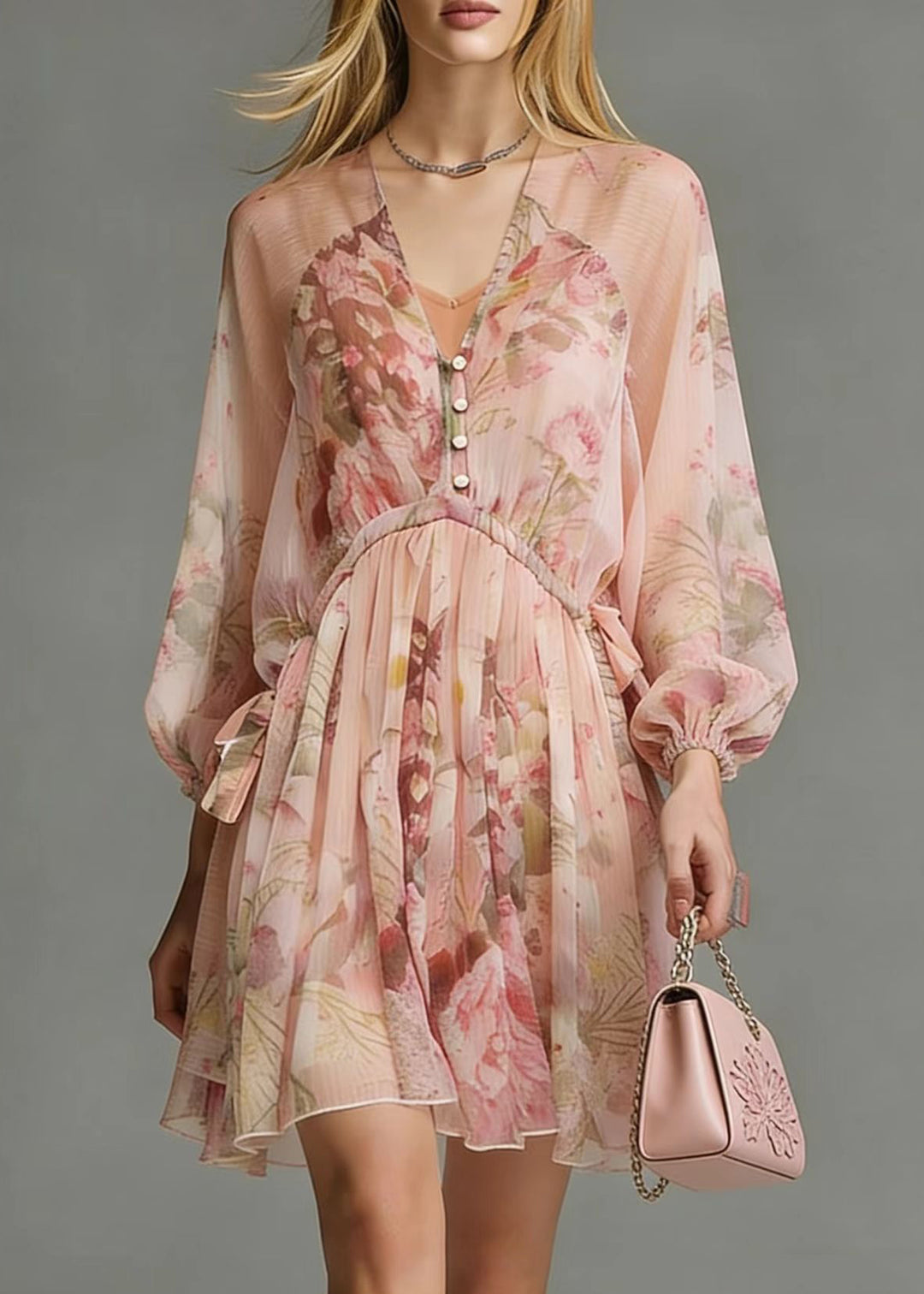 Italian Pink Cinched Print Chiffon Tea Dress Spring