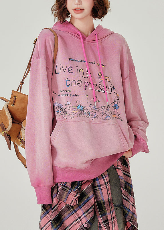 Italian Pink Hooded Print Warm Fleece Sweatshirts Top Winter