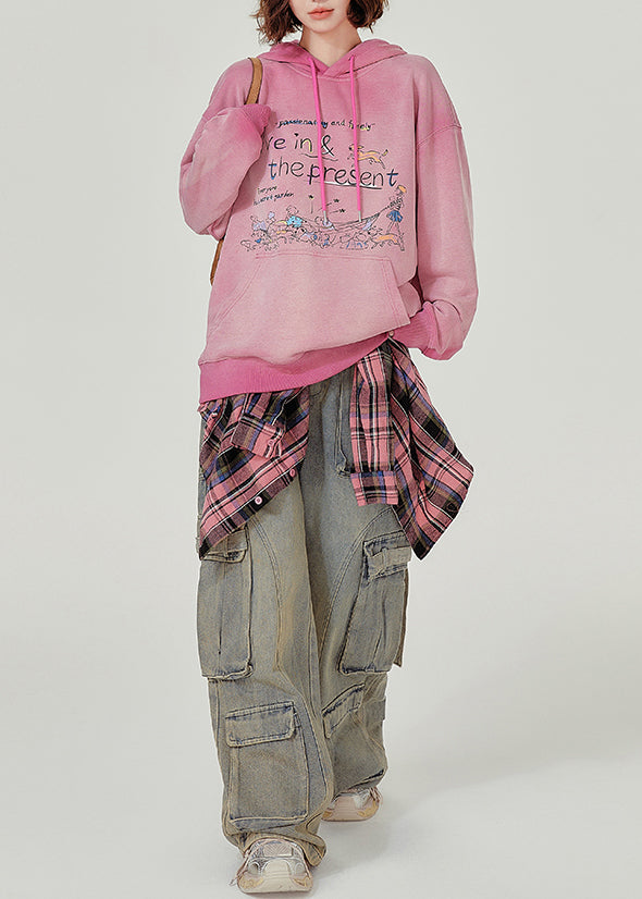 Italian Pink Hooded Print Warm Fleece Sweatshirts Top Winter