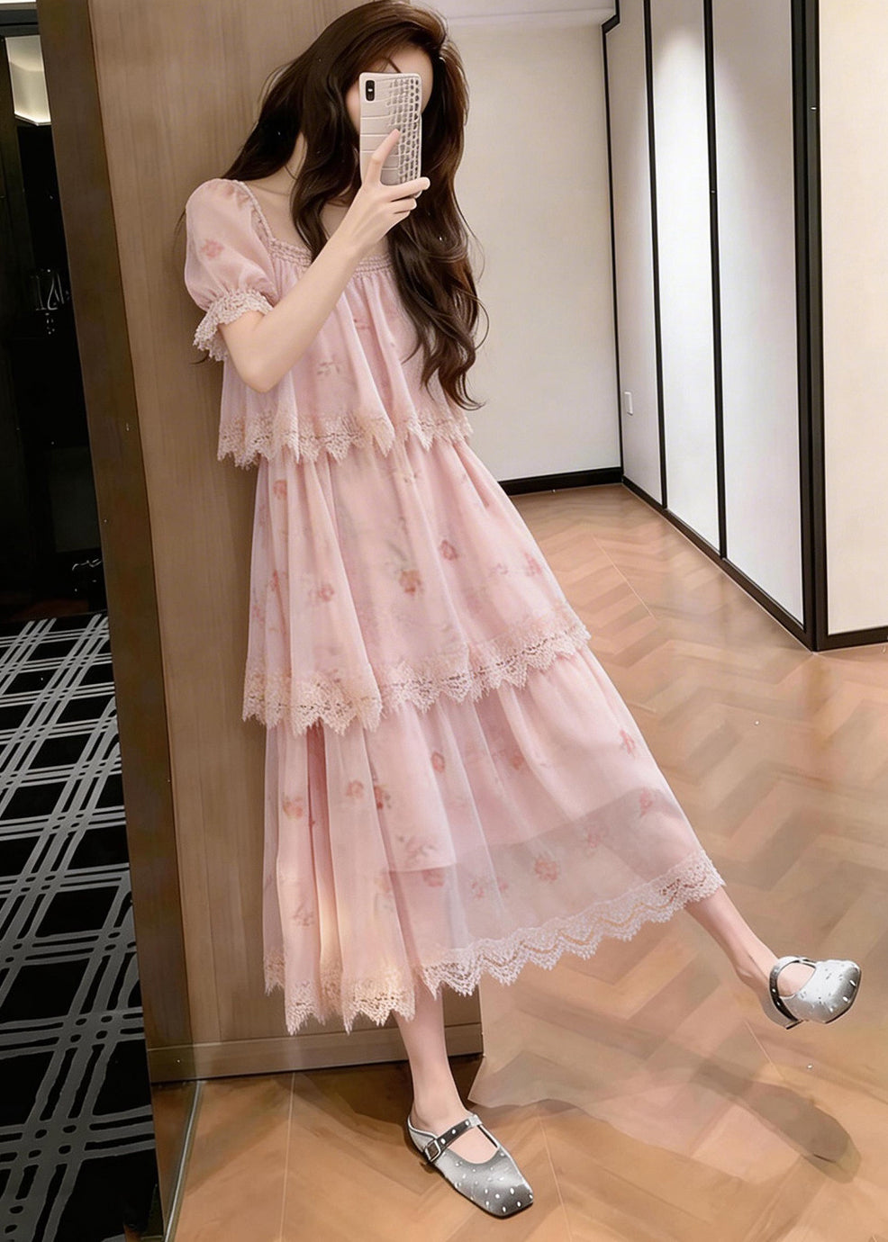 Italian Pink Layered Design Print Chiffon Vacation Dresses Summer