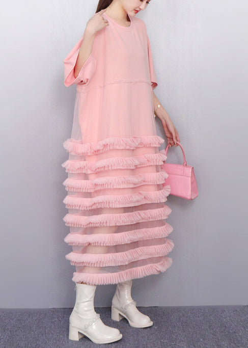 Italian Pink Layered Ruffled Patchwork Tulle Cake Dress Summer