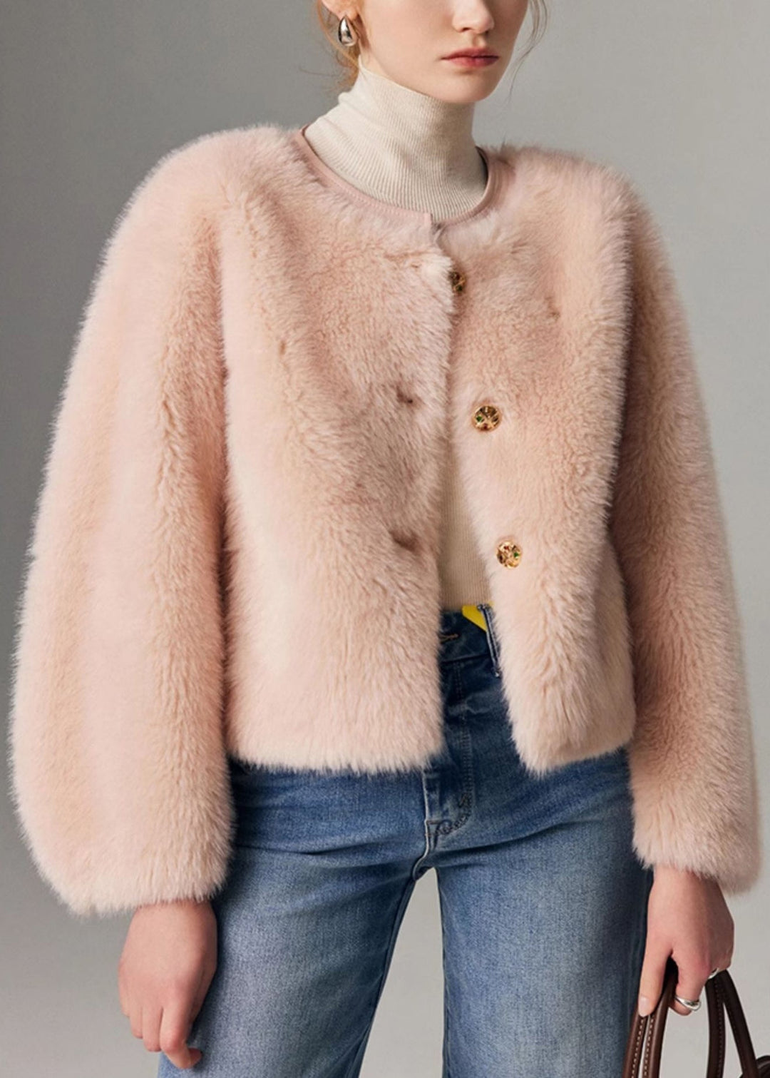 Italian Pink O Neck Button Leather And Fur Coat Winter