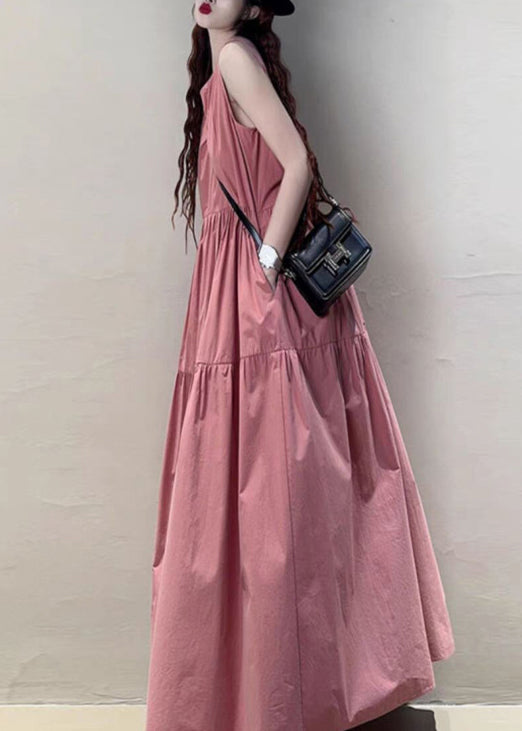 Italian Pink O-Neck Wrinkled Cotton Maxi Dresses Sleeveless