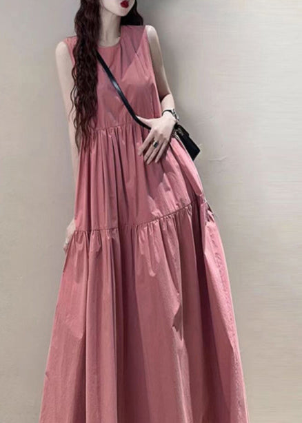 Italian Pink O-Neck Wrinkled Cotton Maxi Dresses Sleeveless