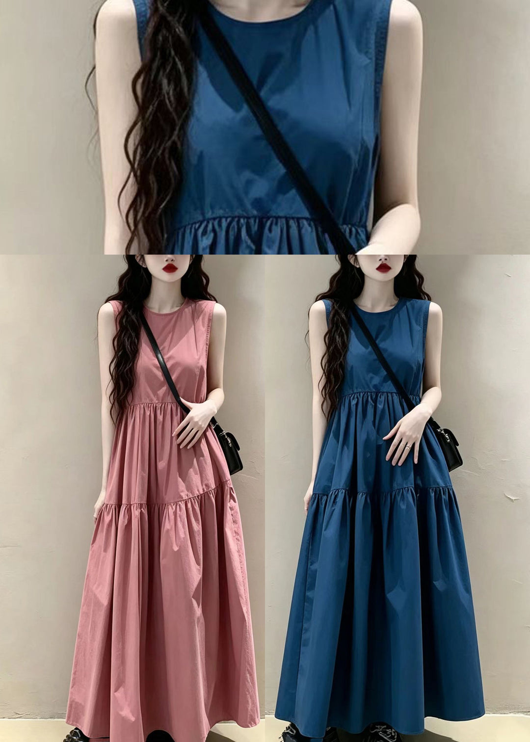 Italian Pink O-Neck Wrinkled Cotton Maxi Dresses Sleeveless