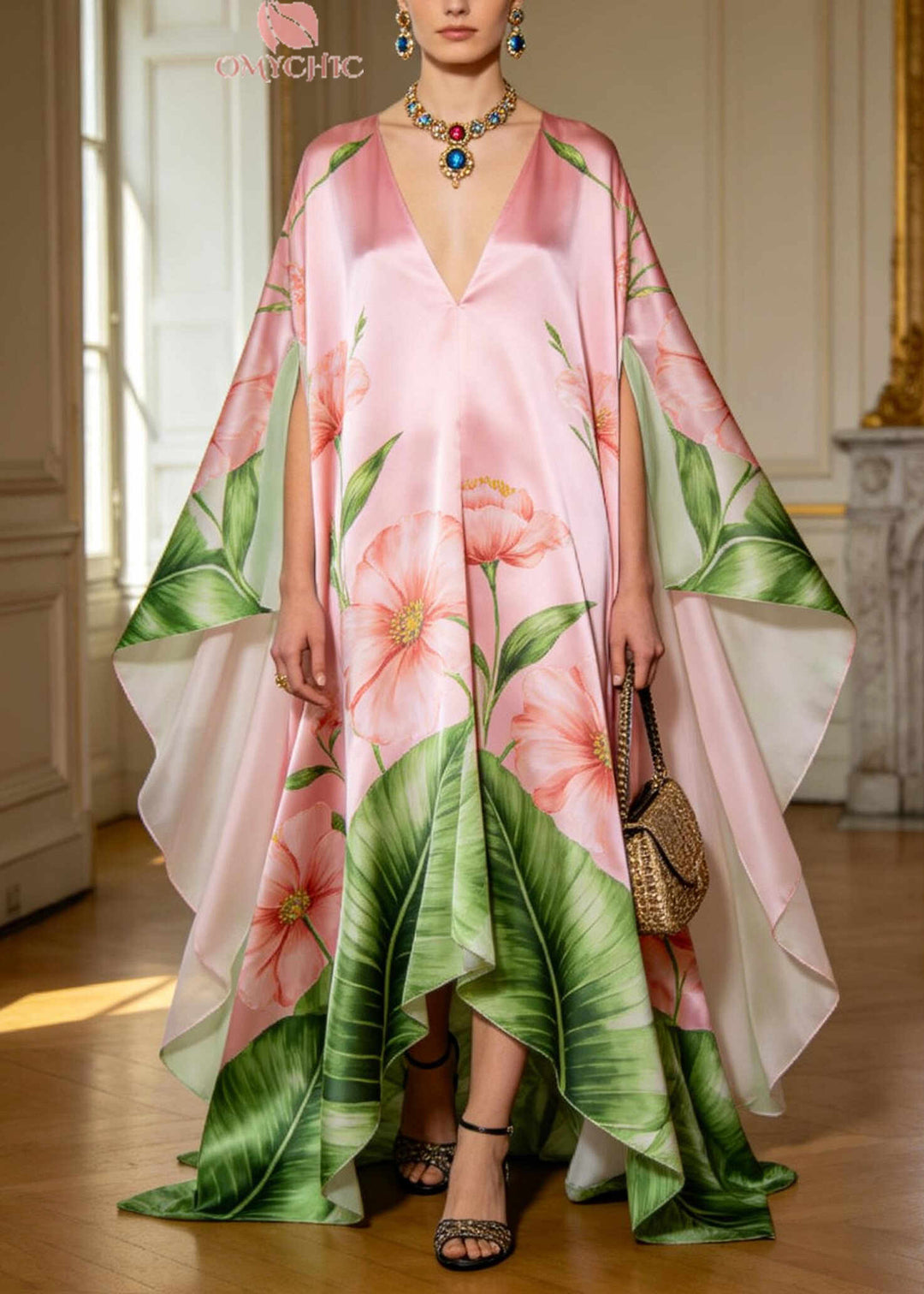 Italian Pink Oversized Exra Large Hem Silk Holiday Dress Batwing Sleeve