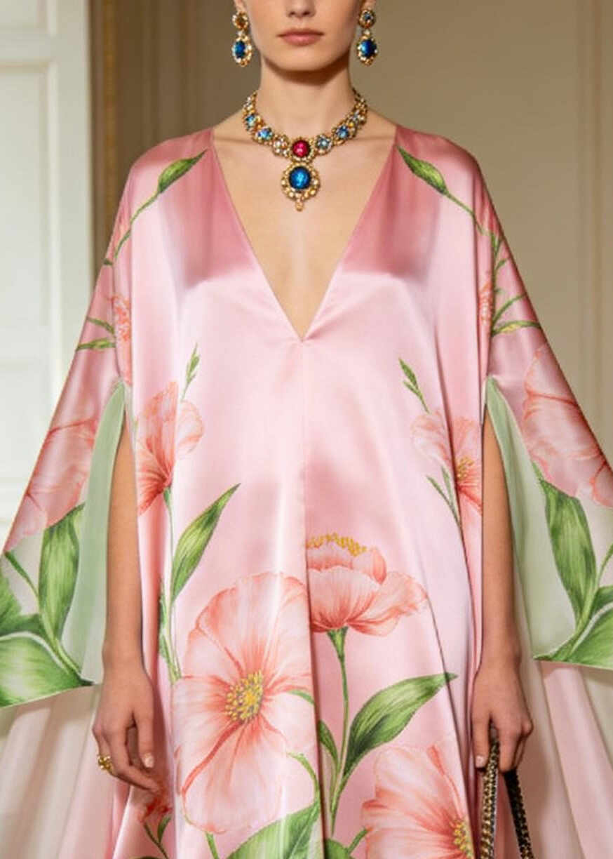 Italian Pink Oversized Exra Large Hem Silk Holiday Dress Batwing Sleeve