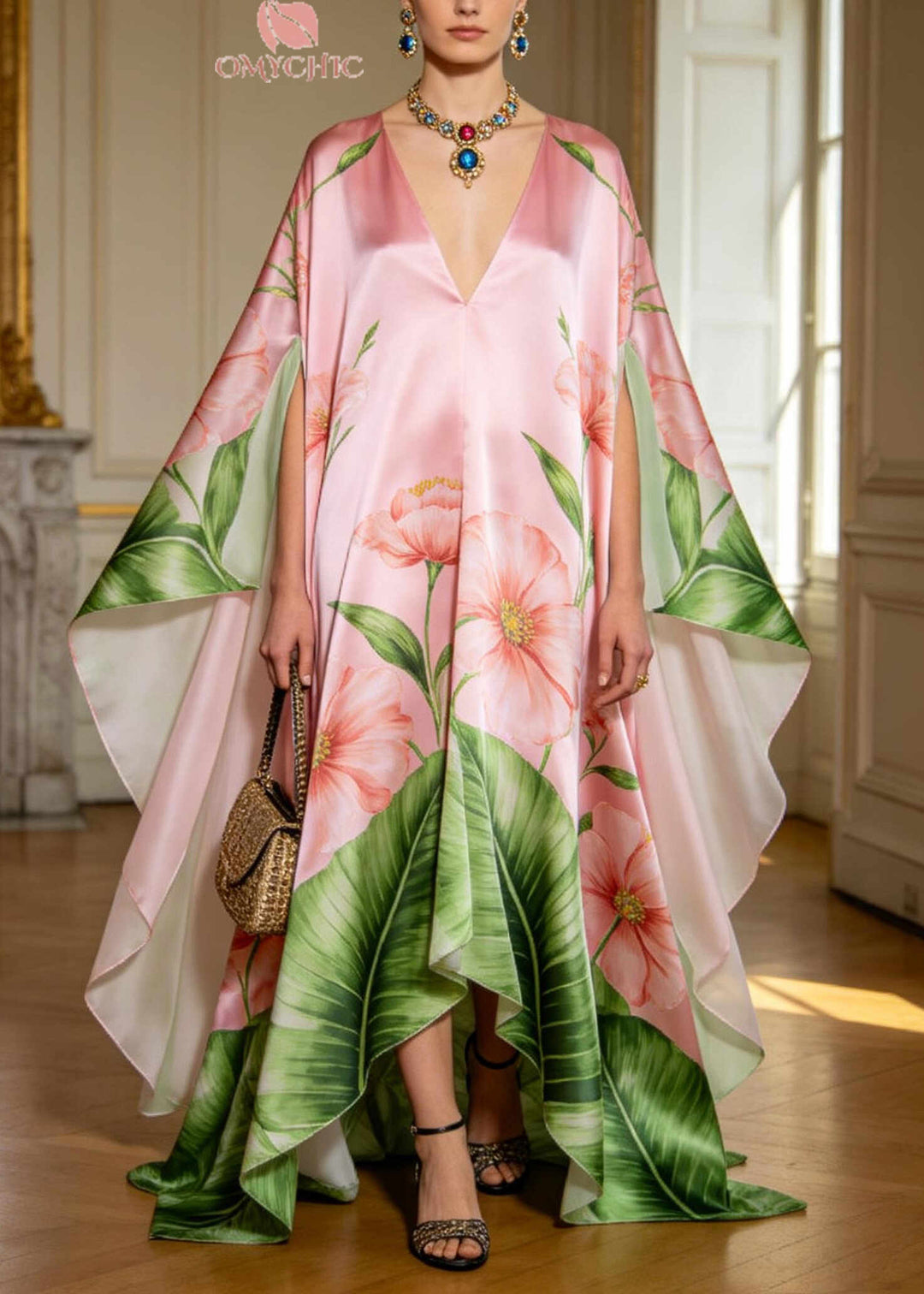 Italian Pink Oversized Exra Large Hem Silk Holiday Dress Batwing Sleeve
