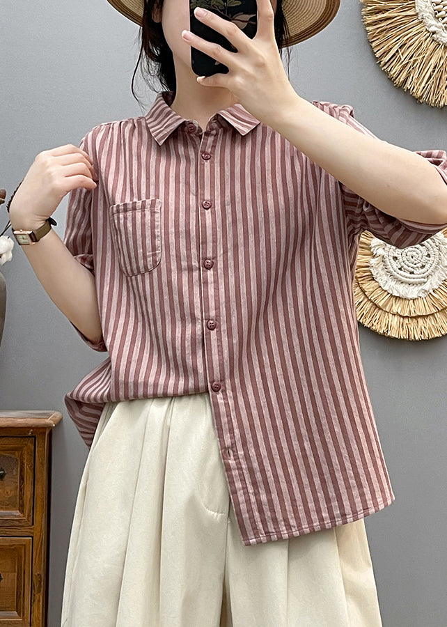 Italian Pink Oversized Striped Cotton Blouse Top Half Sleeve