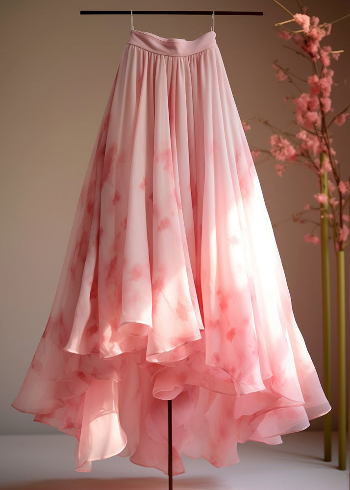 Italian Pink Print High Waist Chiffon Skirts Summer
