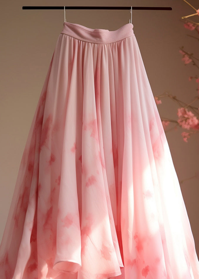 Italian Pink Print High Waist Chiffon Skirts Summer
