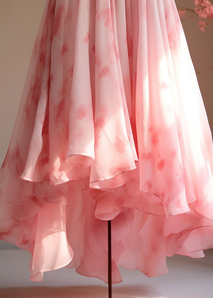 Italian Pink Print High Waist Chiffon Skirts Summer