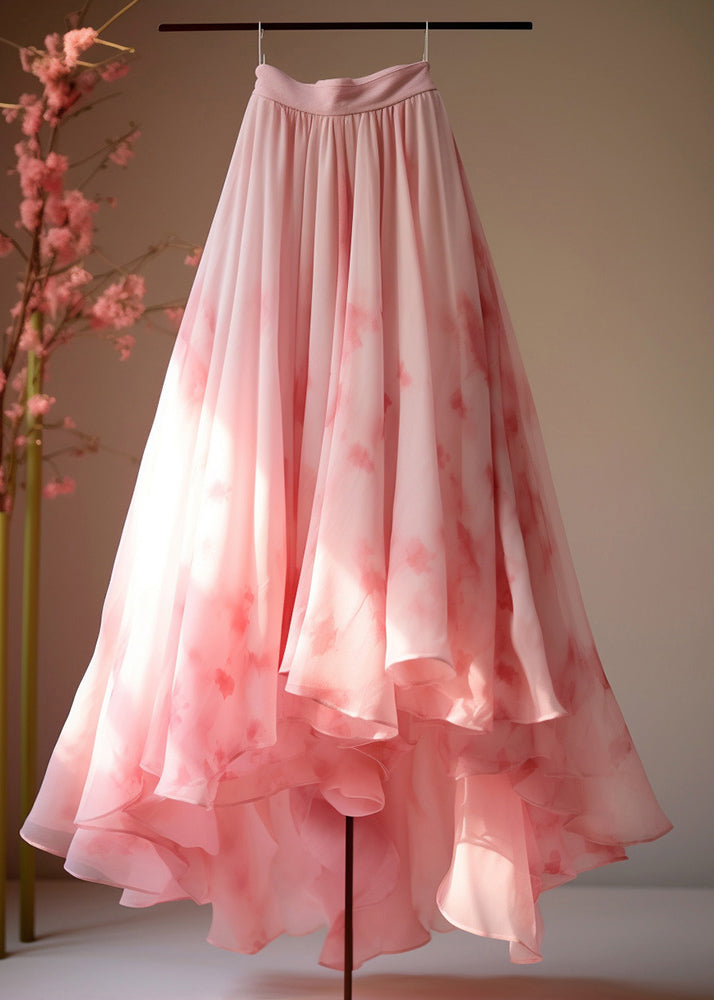Italian Pink Print High Waist Chiffon Skirts Summer