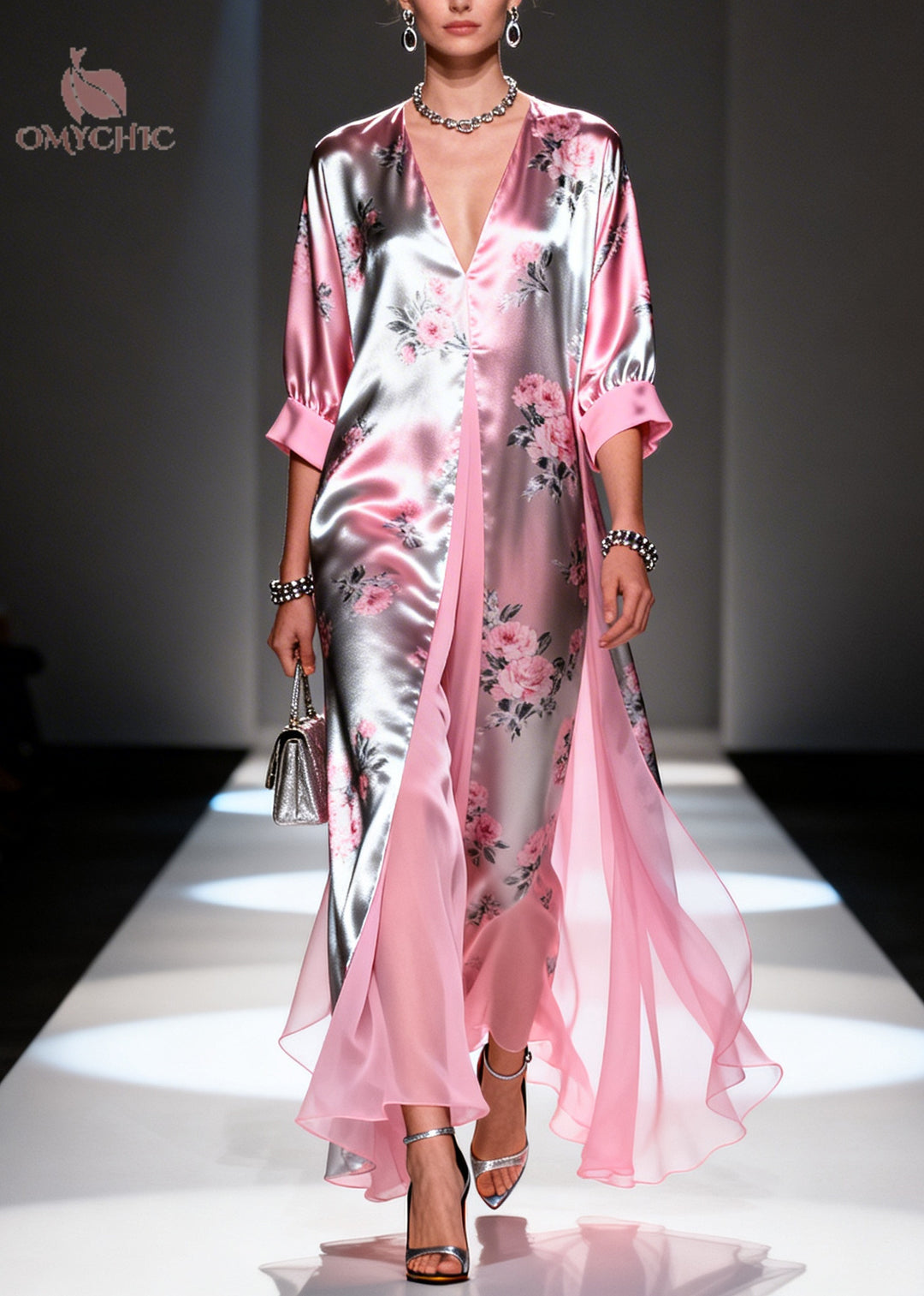 Italian Pink Print Patchwork Silk Fake Two Piece Dress Summer