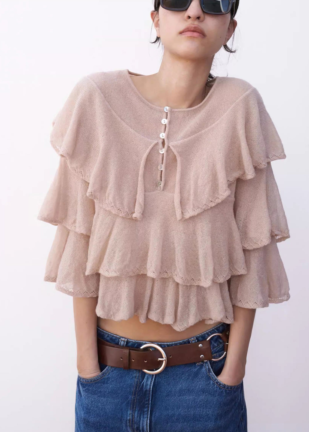 Italian Pink Ruffled Knit Short Tops Spring