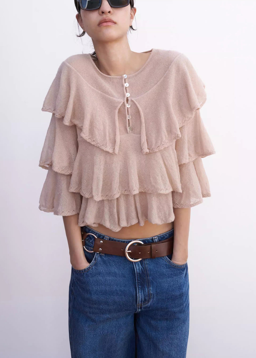 Italian Pink Ruffled Knit Short Tops Spring