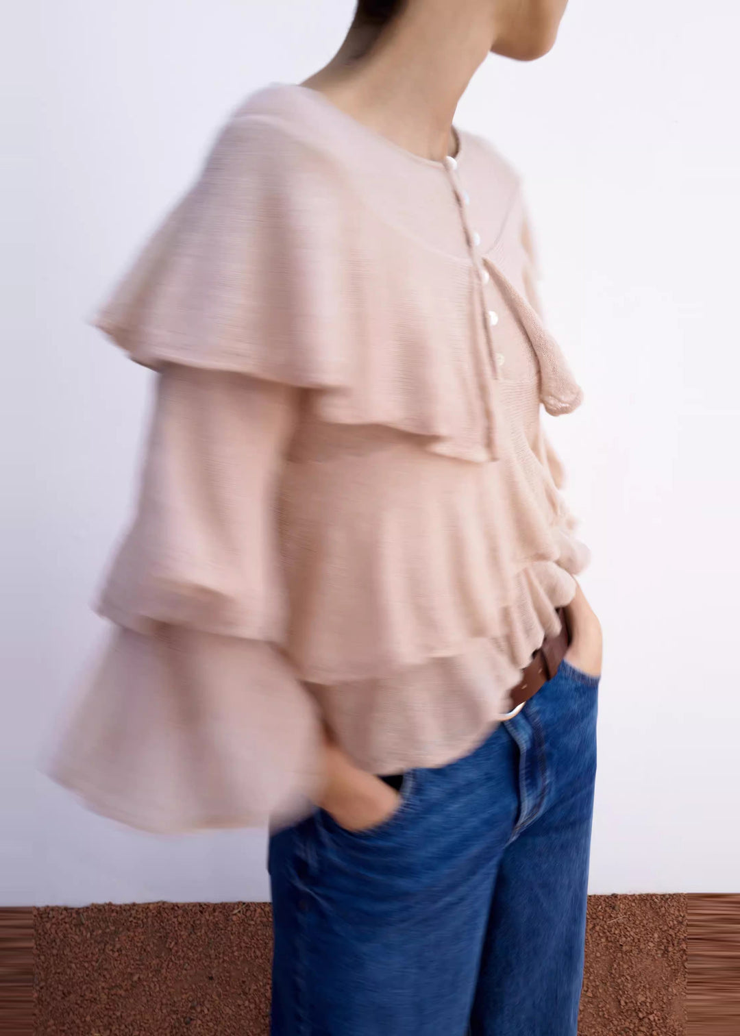 Italian Pink Ruffled Knit Short Tops Spring