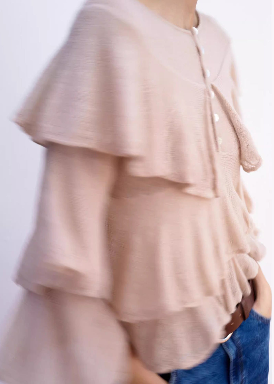 Italian Pink Ruffled Knit Short Tops Spring