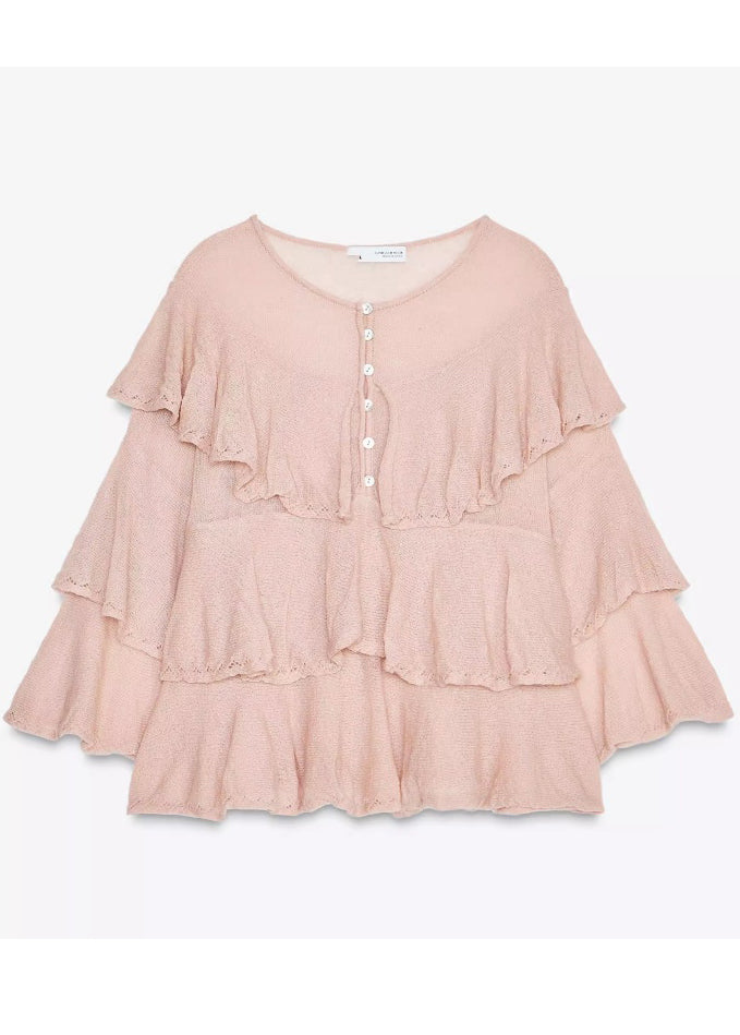 Italian Pink Ruffled Knit Short Tops Spring