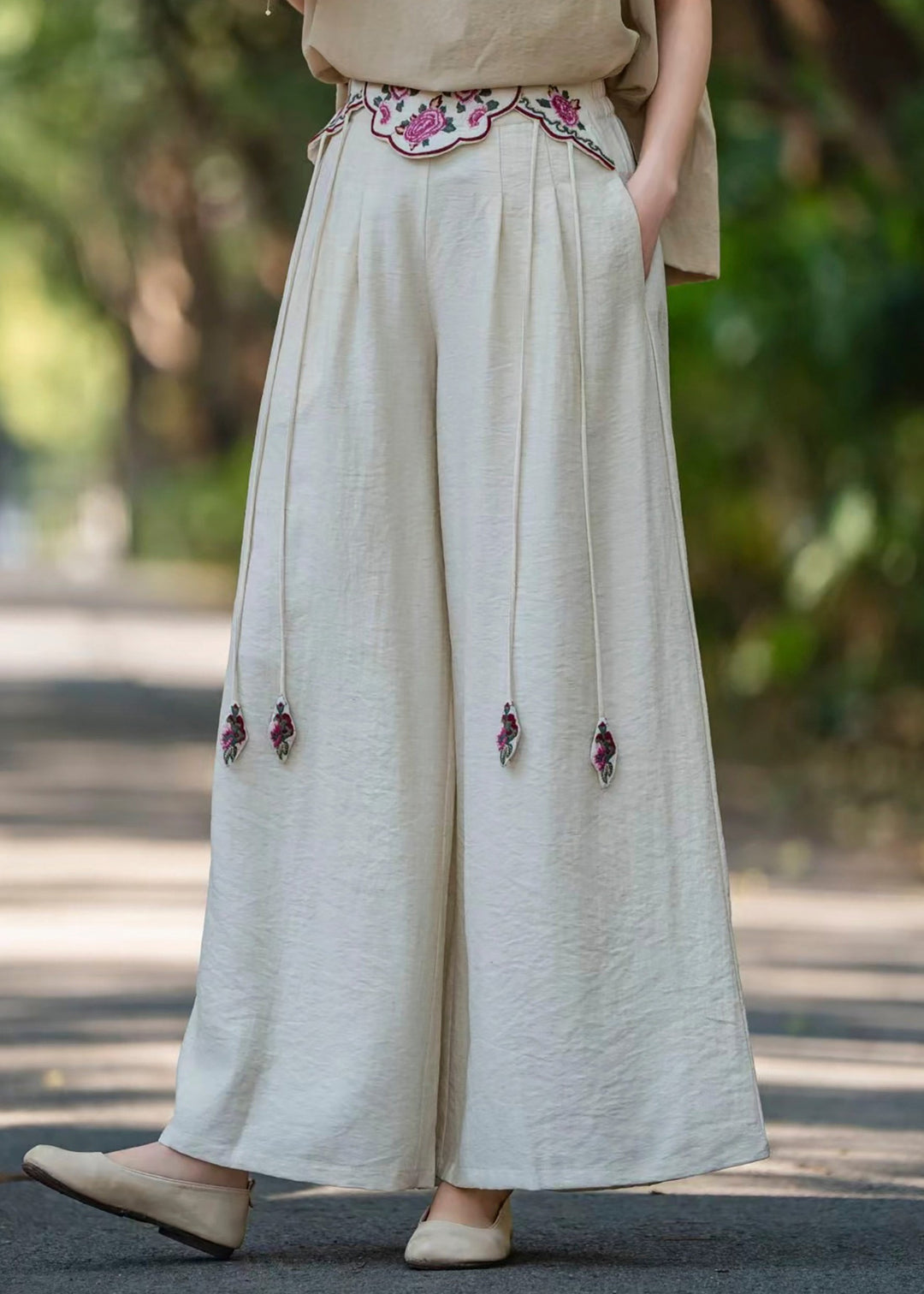 Italian Pink Tasseled Embroidered Linen Straight Pants Spring