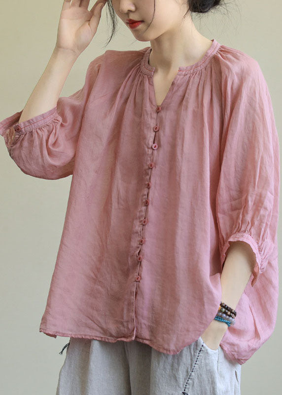 Italian Rose Flower V Neck Button Loose Half Sleeve Blouse Top